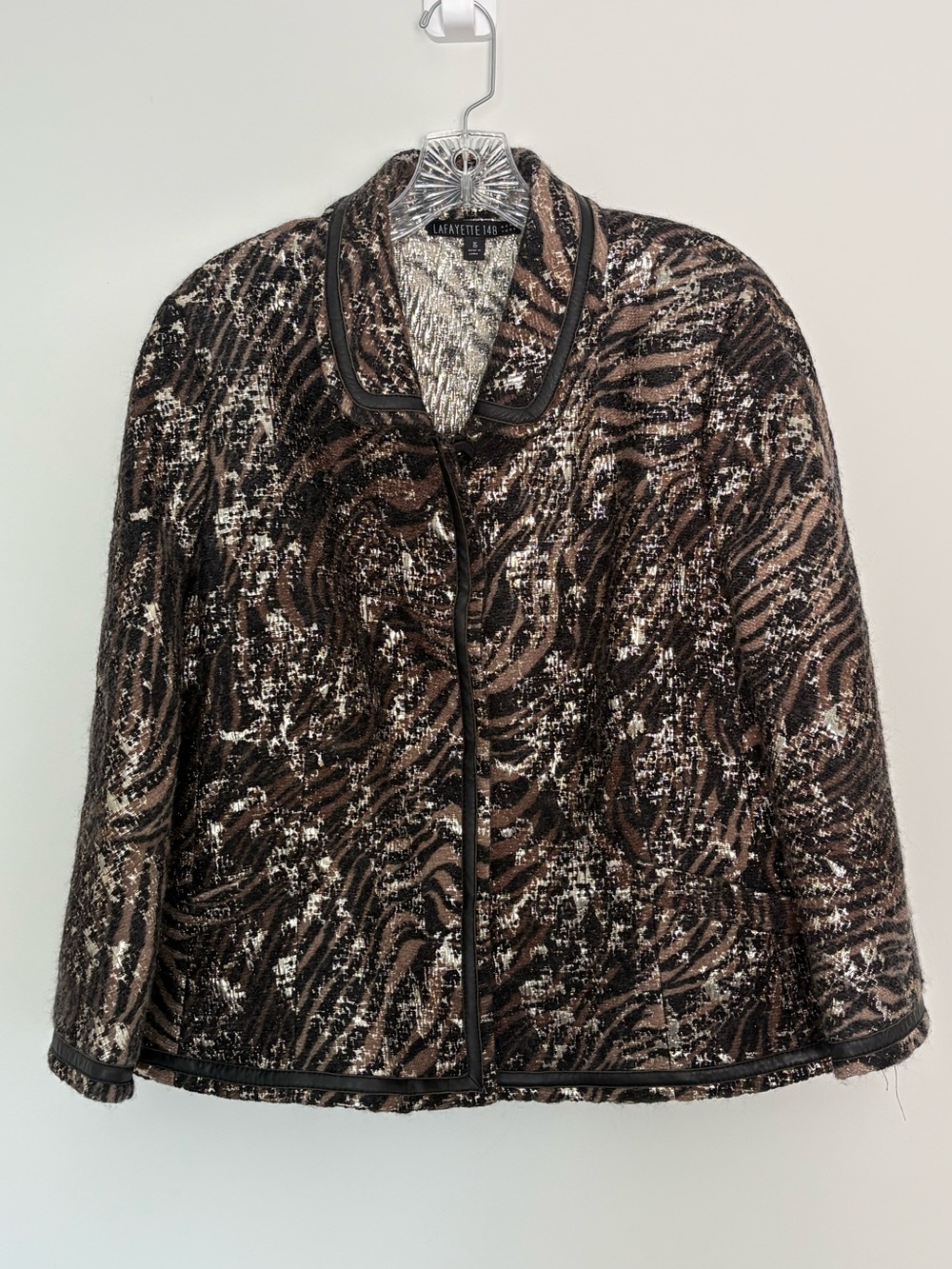 Lafayette 148 New York Wool Leather Metallic Jacket Tiger Patterned Snap Size 16